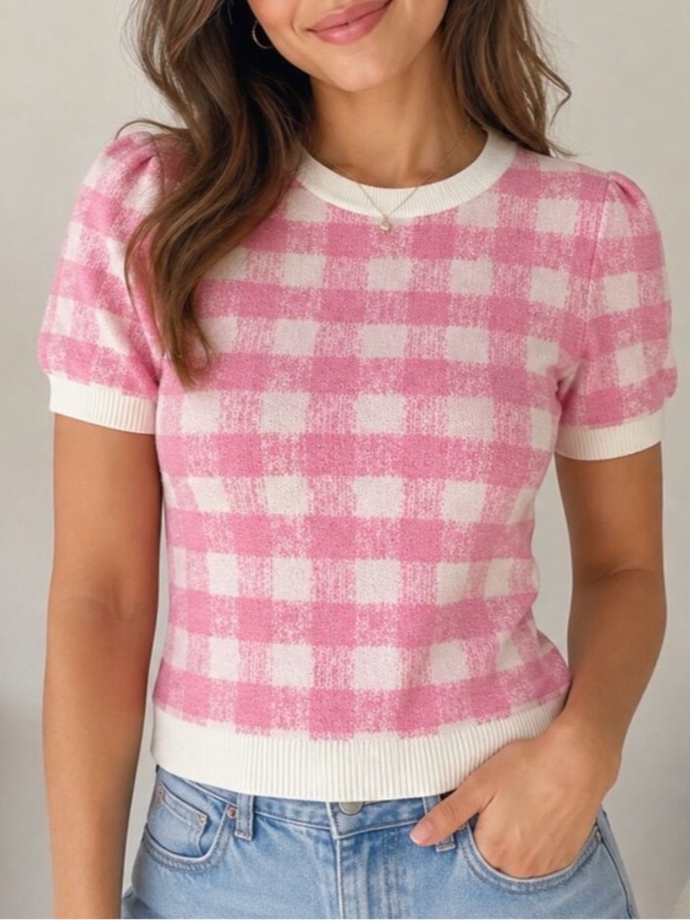 Anthro Maeve Harmon Pink Gingham Check Plaid Sweater Top Size M Preppy Coquette